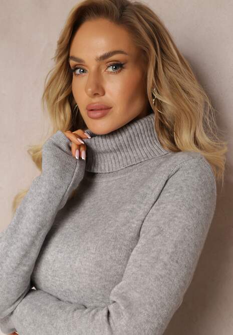 Jasnoszara Klasyczna Basic Sukienka Midi Sweterkowa z Golfem Abele