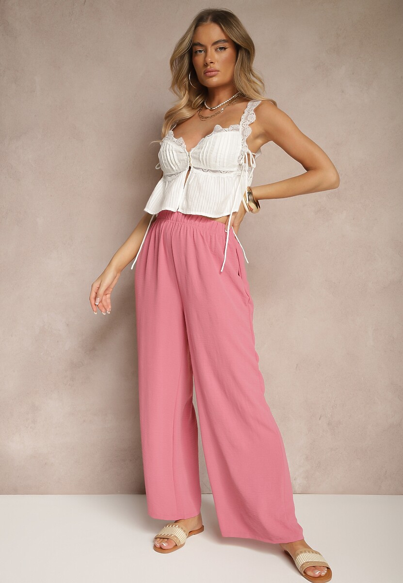 Różowe Szerokie Spodnie Typu Palazzo High Waist Araneira