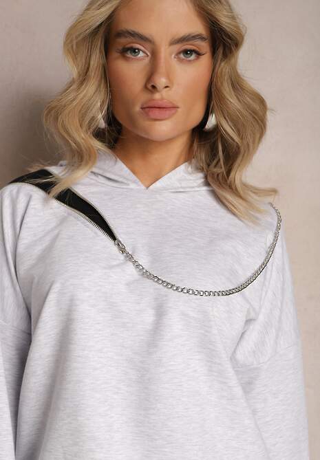 Szara Asymetryczna Bluza z Bawełny z Kapturem i Ozdobnym Suwakiem Lueur