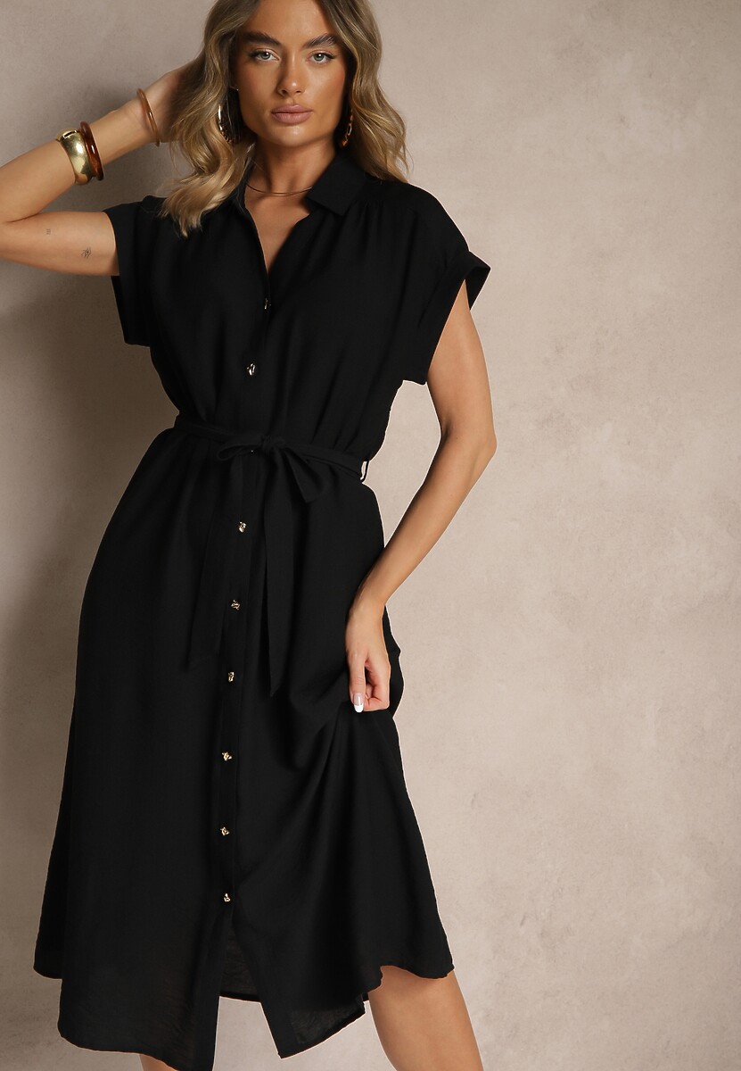 Niebieska Koszulowa Sukienka z Wiskozy Ozdobiona Paskiem Rinalitia