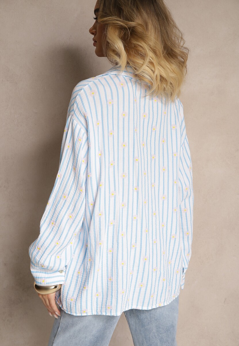 Niebieska Koszula z Bawełny w Prążki Zdobiona Kwiatowym Wzorem Apiola