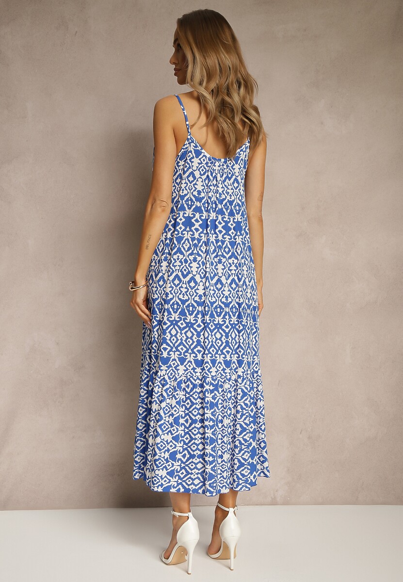 Niebieska Bawełniana Sukienka w Geometryczny Wzór Koloniela