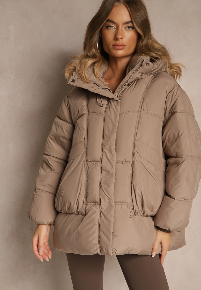 Bordowa Kurtka Oversize z Pikowanymi Przeszyciami i Kapturem Galeana