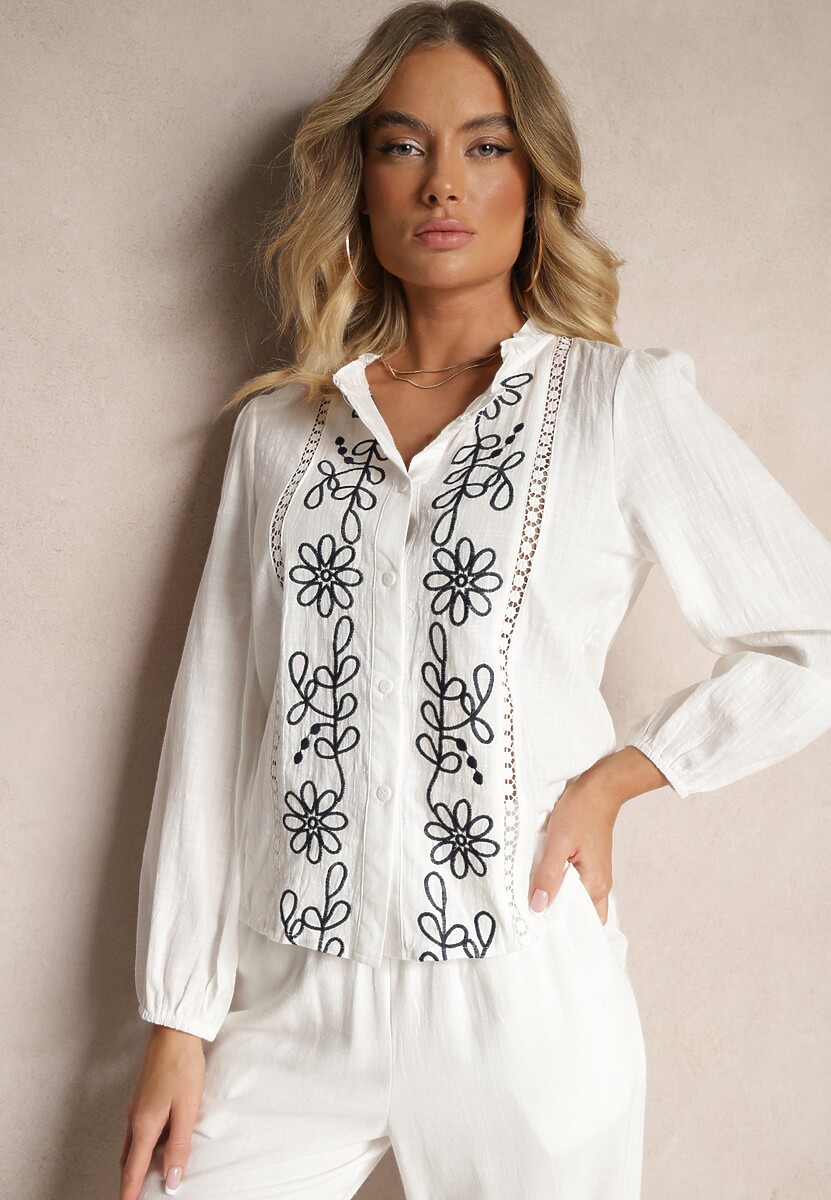 Beżowa Koszula z Wiskozą Bawełną i Haftem Nalorielle