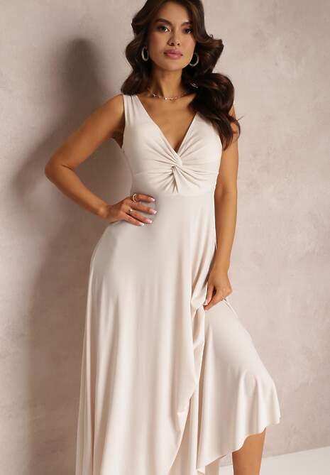 Beżowa Sukienka Maxi Bez Rękawów z Ozdobnym Marszczeniem na Biuście Eliphira