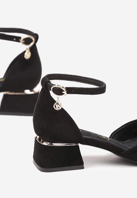 Czarne Czółenka Vices na Słupku z Wkładką ze Skóry Naturalnej i Metaliczną Ozdobą Velori