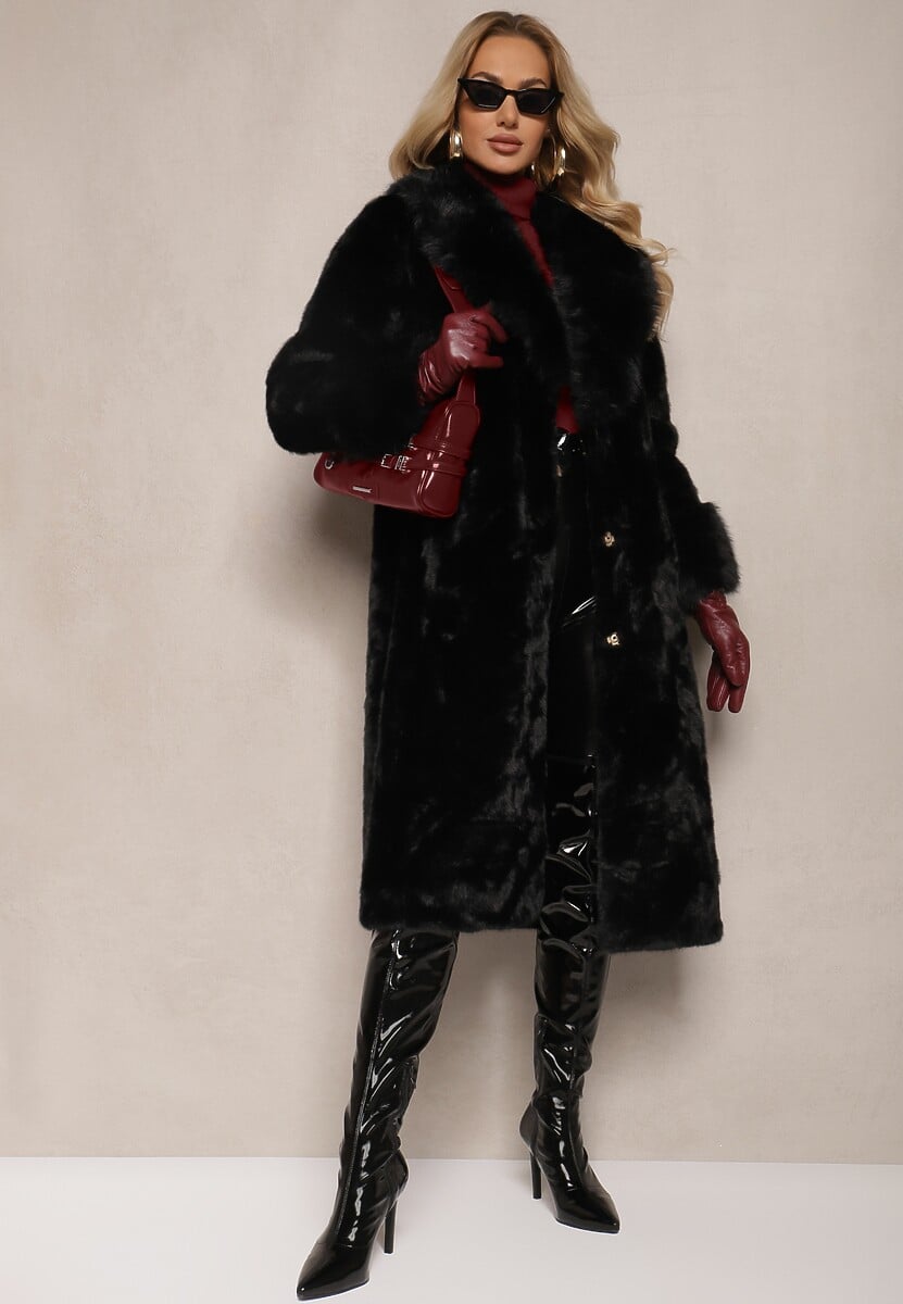 Brązowy Futrzany Płaszcz z Wiązanym Paskiem Ozdobnym Kołnierzem i Mankietami Viaressa