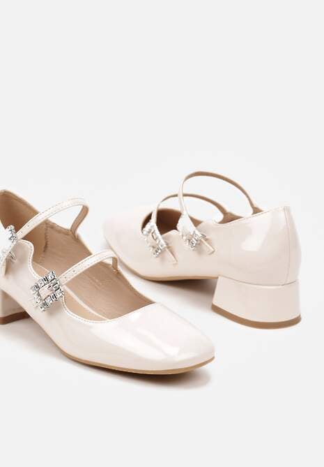 Beżowe Lakierowane Czółenka Wykończone Cyrkoniowymi Sprzączkami Jenaria