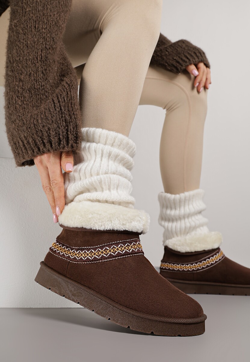 Ciemnobrązowe Rustykalne Śniegowce z Imitacji Zamszu z Haftem i Futerkiem Zetilda