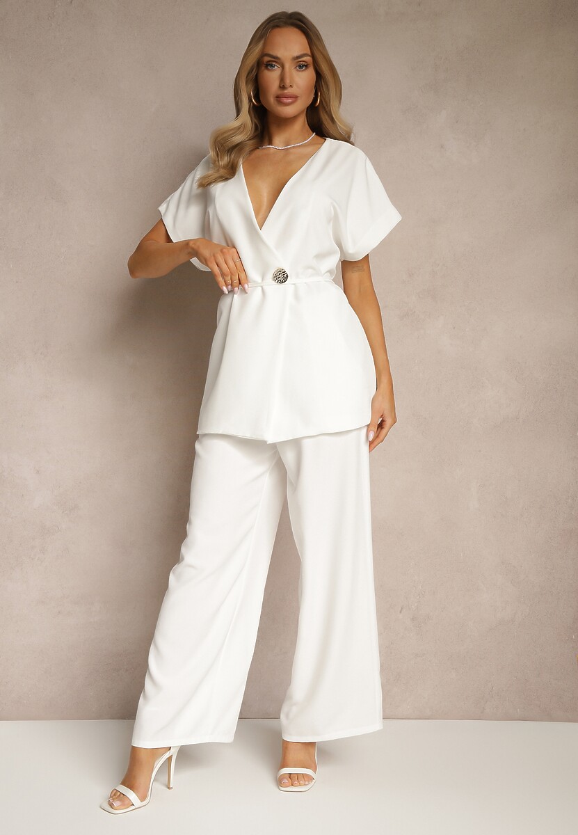 Biały Komplet Garniturowy Szerokie Spodnie i Marynarka z Paskiem Solsedi