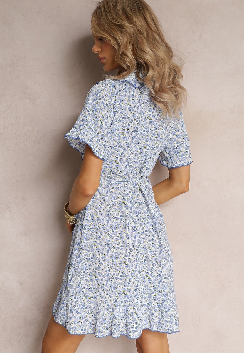 Niebieska Sukienka Kopertowa z Falbankami Aovene