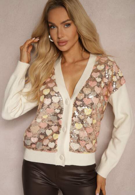 Beżowy Wzorzysty Kardigan w Serduszka z Dekoltem w Serek i Cekinami Ansilene