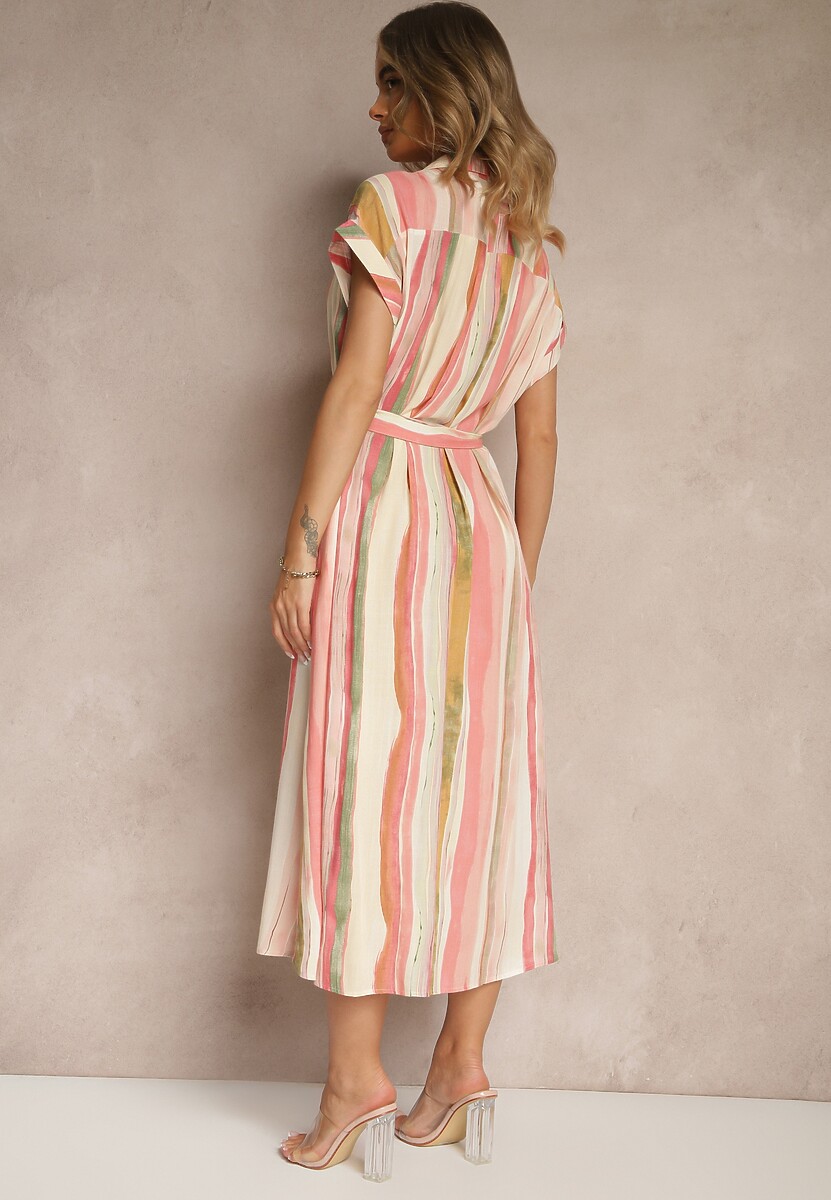 Różowa Wiskozowa Sukienka Koszulowa z Wiązanym Paskiem Iffema