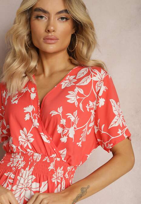 Pomarańczowo-Biała Rozkloszowana Sukienka Kopertowa z Kwiatowym Wzorem Mareal