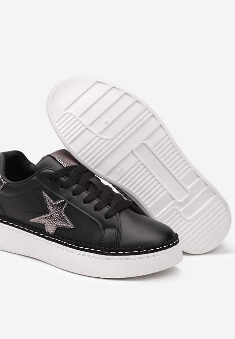 Czarne Płaskie Sneakersy ze Sznurowaniem i Metalicznymi Wykończeniami Delulla