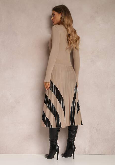 Beżowa Sukienka z Wiskozy z Plisowanym Dołem Dikire