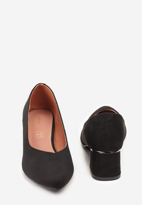 Czarne Czółenka Vices na Słupku z Imitacji Zamszu z Wkładką ze Skóry Naturalnej z Metaliczną Ozdobą Mixin