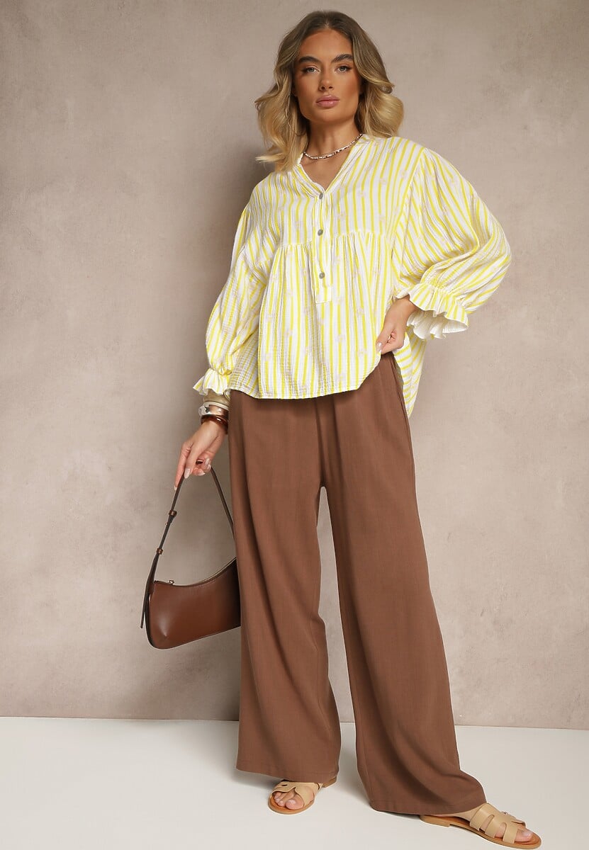 Żółta Koszula z Bawełny z Dekoltem w Serek Zdobiona Kwiatowym Wzorem Mailisse