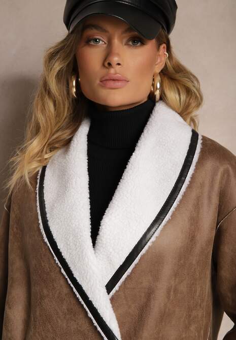 Ciemnobrązowa Marynarkowa Kurtka Biker z Futerkiem Typu Baranek Salethiel