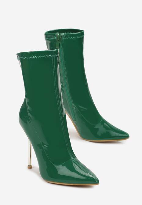 Zielone Botki Lakierowane z Metalicznym Obcasem Maddies