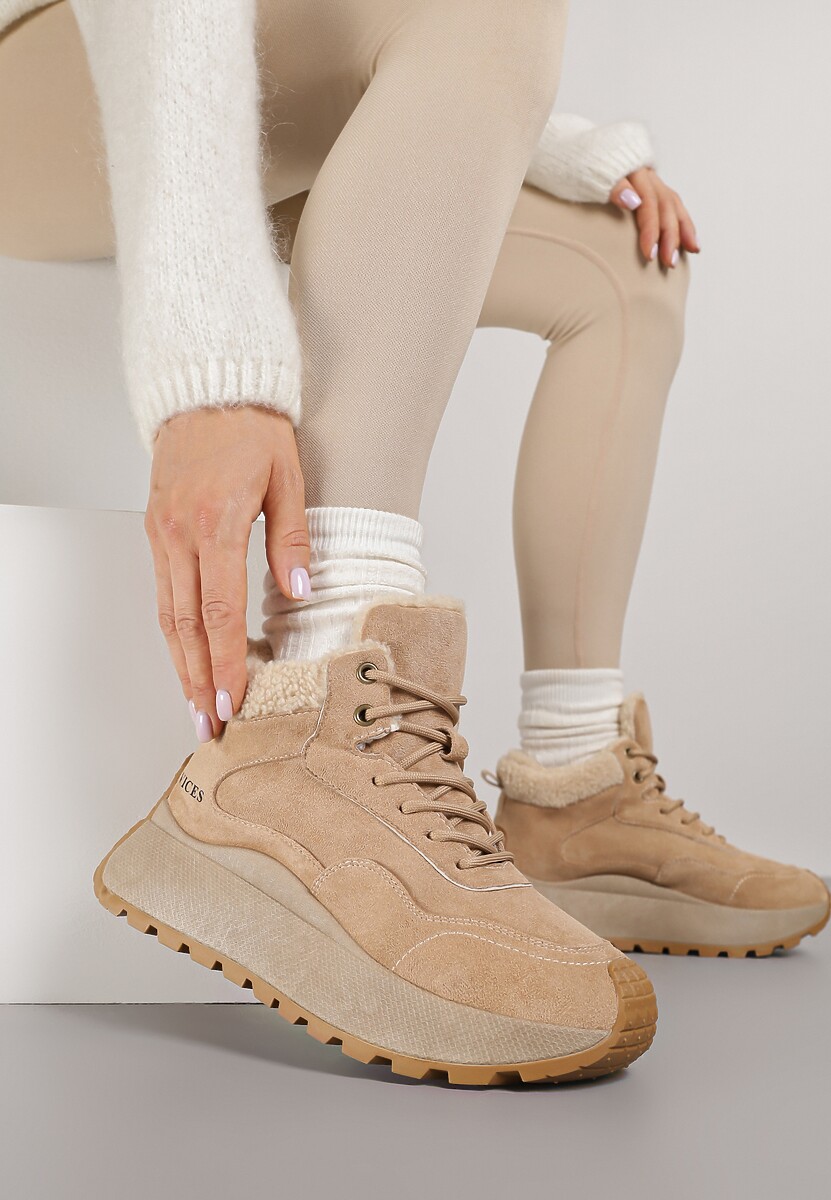 Brązowe Sneakersy Śniegowce Vices na Platformie Ozdobione Napisem i Futerkiem Lanite