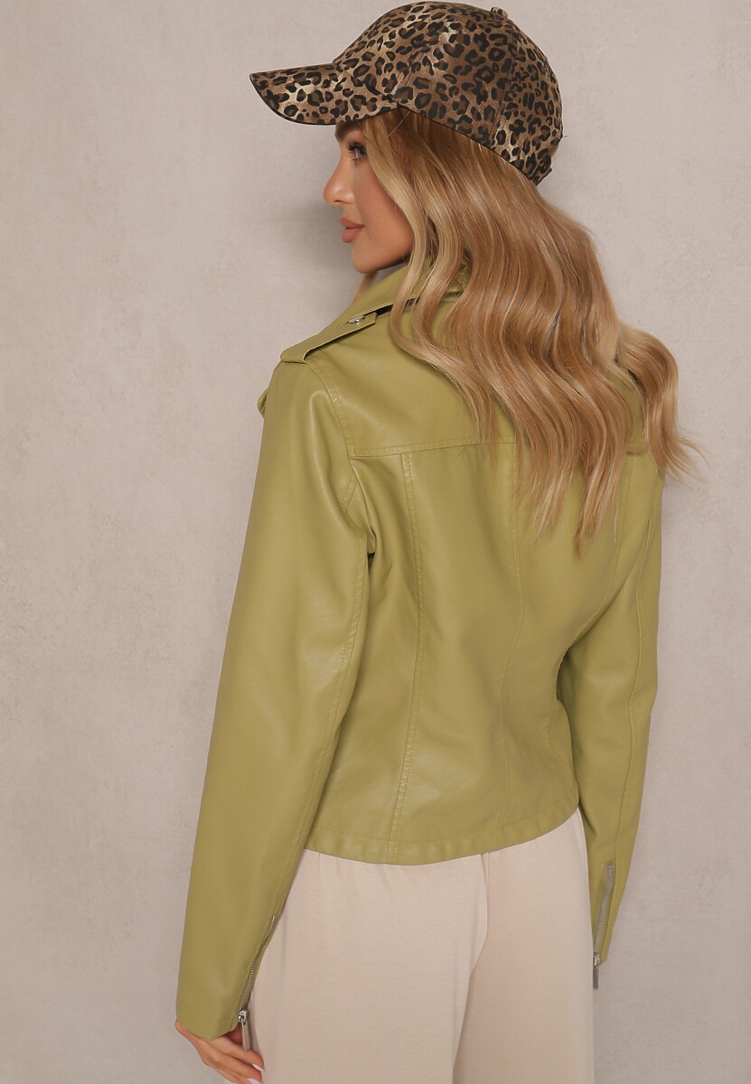 Jasnozielona Kurtka w Stylu Ramoneski z Paskiem z Regulacją i Asymetrycznym Suwakiem Braliona