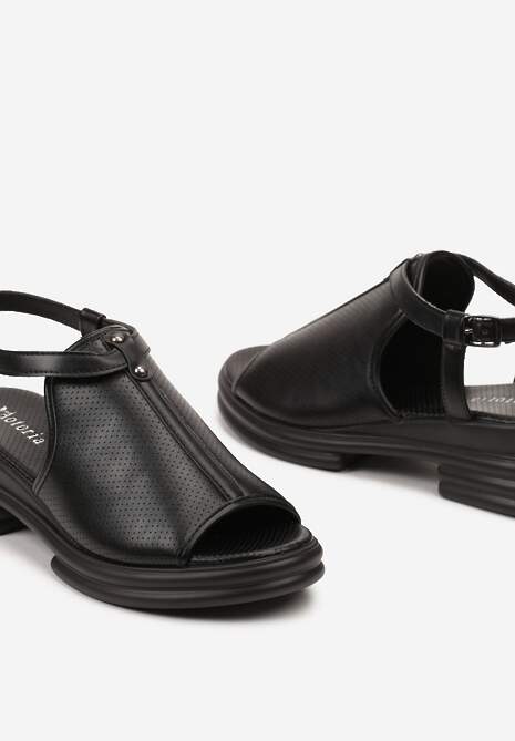 Czarne Sandały Ażurowe na Niskim Obcasie Zapinane wokół Kostki Boretta