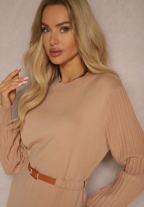 Ciemnobeżowa Sukienka z Dodatkiem Wiskozy z Paskiem i Ozdobnymi Rękawami Daiviane