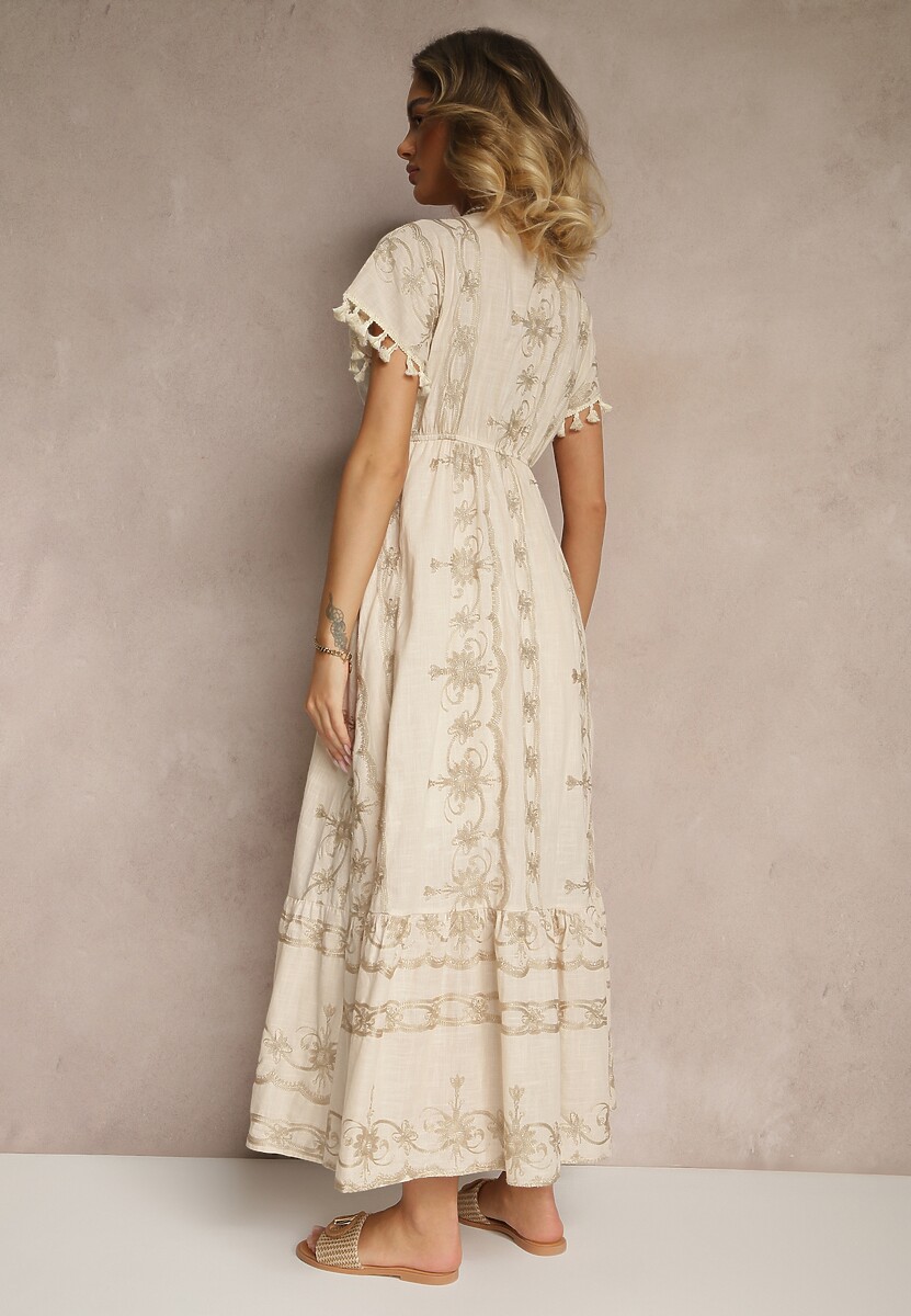 Beżowa Rozkloszowana Sukienka Boho z Bawełny z Chwostami Haftami i Metaliczną Nicią Divirna