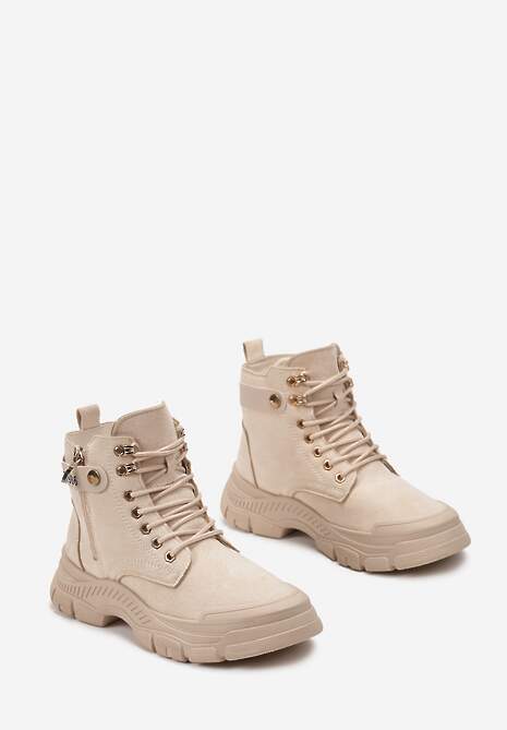 Ciemnobeżowe Sznurowane Traperki z Ekozamszu z Suwakiem i Paskiem z Napisami Dikofena