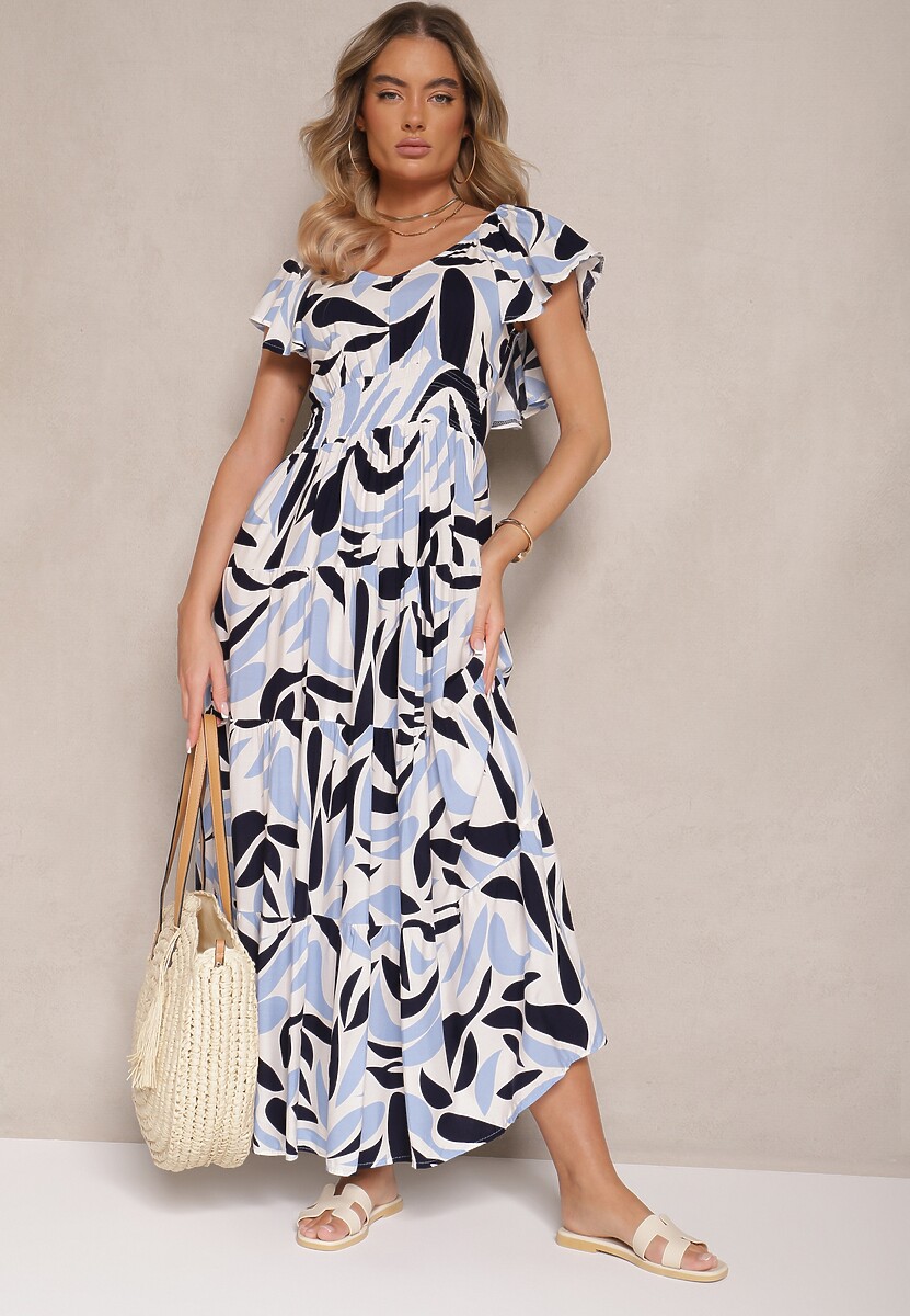 Pomarańczowa Rozkloszowana Sukienka z Wiskozy w Geometryczny Wzór Anisoria