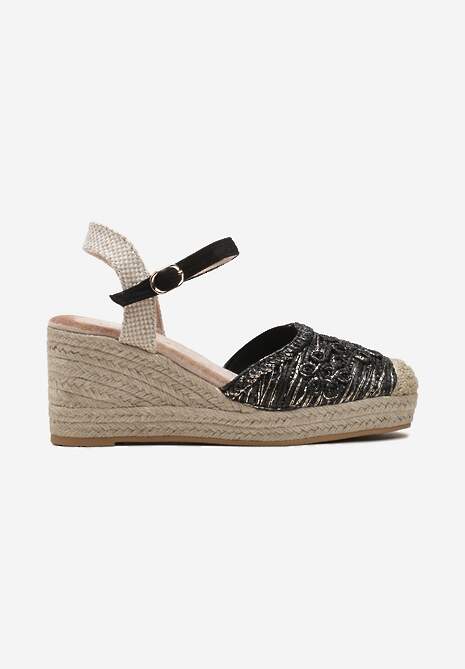 Czarne Sandały na Koturnie ze Sprzączką i Ozdobną Plecionką Andela