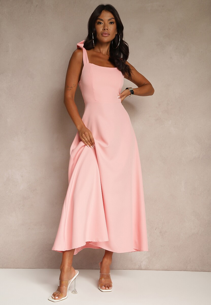 Beżowa Sukienka z Wiskozą o Rozkloszowanym Kroju z Wiązaniem Nilafeia