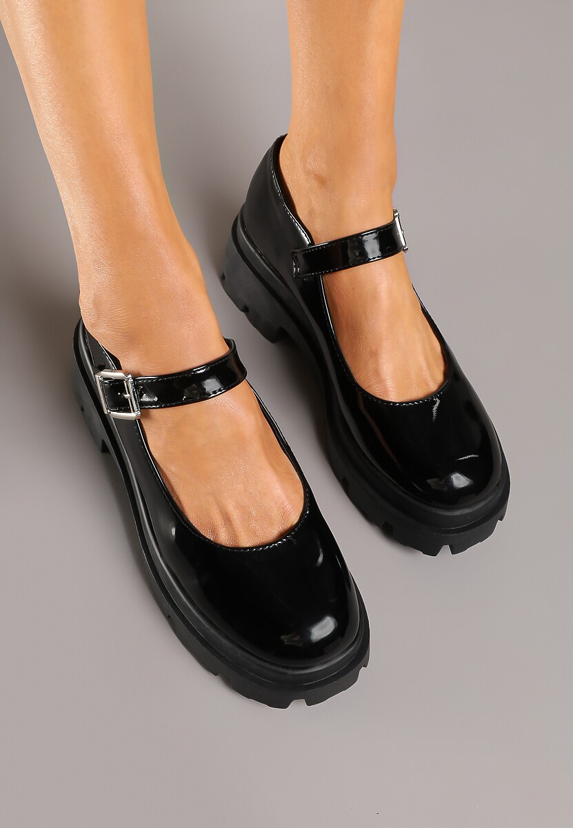 Czarne Półbuty Lakierowane na Platformie i Słupku Zapinane na Sprzączkę Anedela