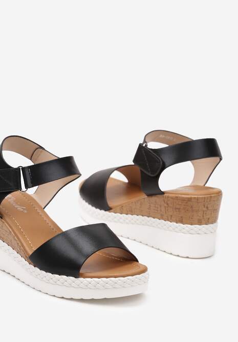 Czarne Sandały Zapinane na Rzep na Ozdobnym Koturnie Litalia
