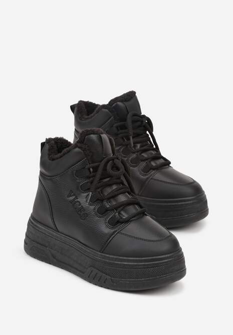 Czarne Sneakersy na Grubej Podeszwie Mocno Ocieplane Futrem Leavinael