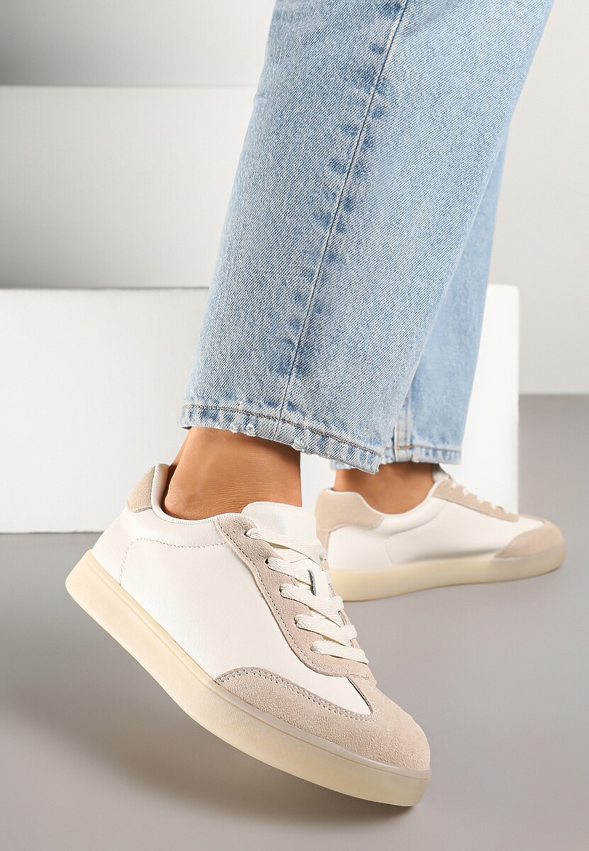 Beżowe Skórzane Sneakersy Ozdobione Perforacją Tulozi
