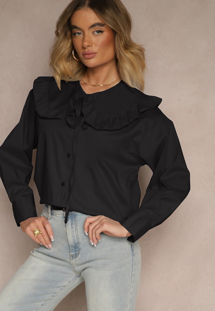 Czarna Koszula z Bawełny w Stylu Retro z Wiązaniem i Kołnierzykiem z Falbankami Firsela