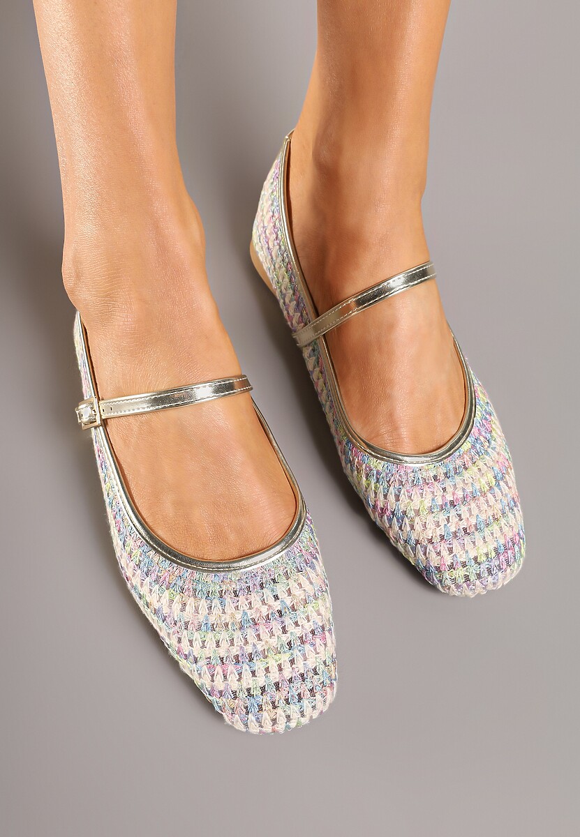 Beżowo-Różowe Balerinki Mary Jane Ozdobione Metaliczną Nicią Ilimalla