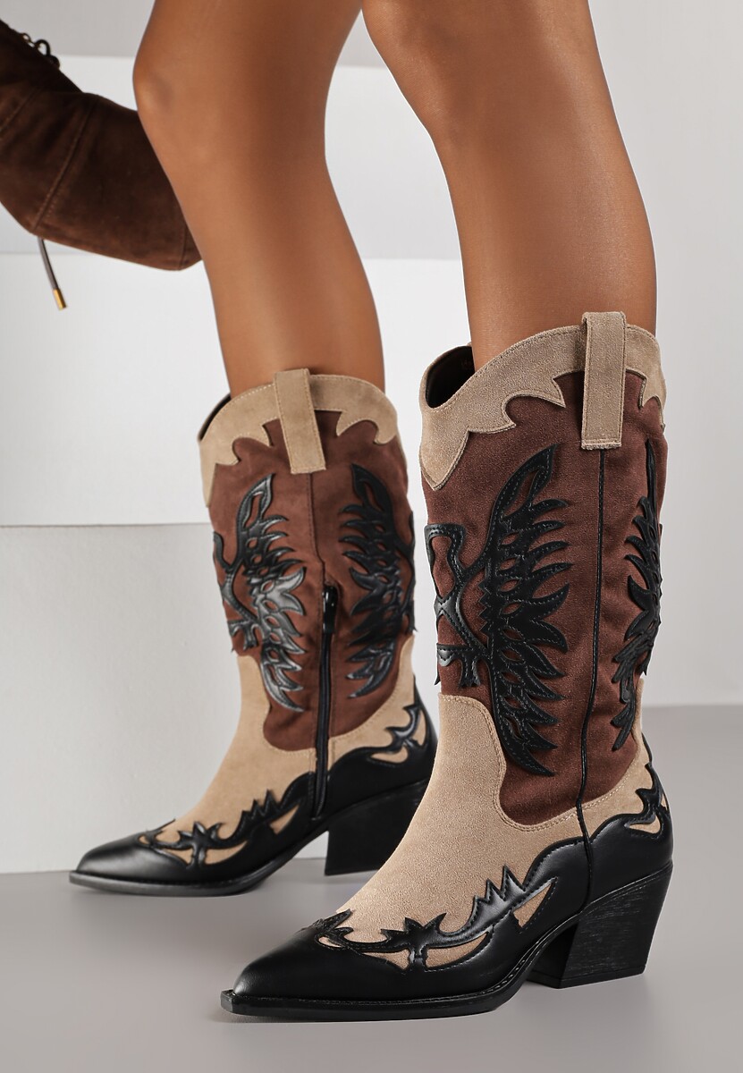 Czarne Botki Kowbojki na Stożku z Tłoczoną Cholewką Badilora