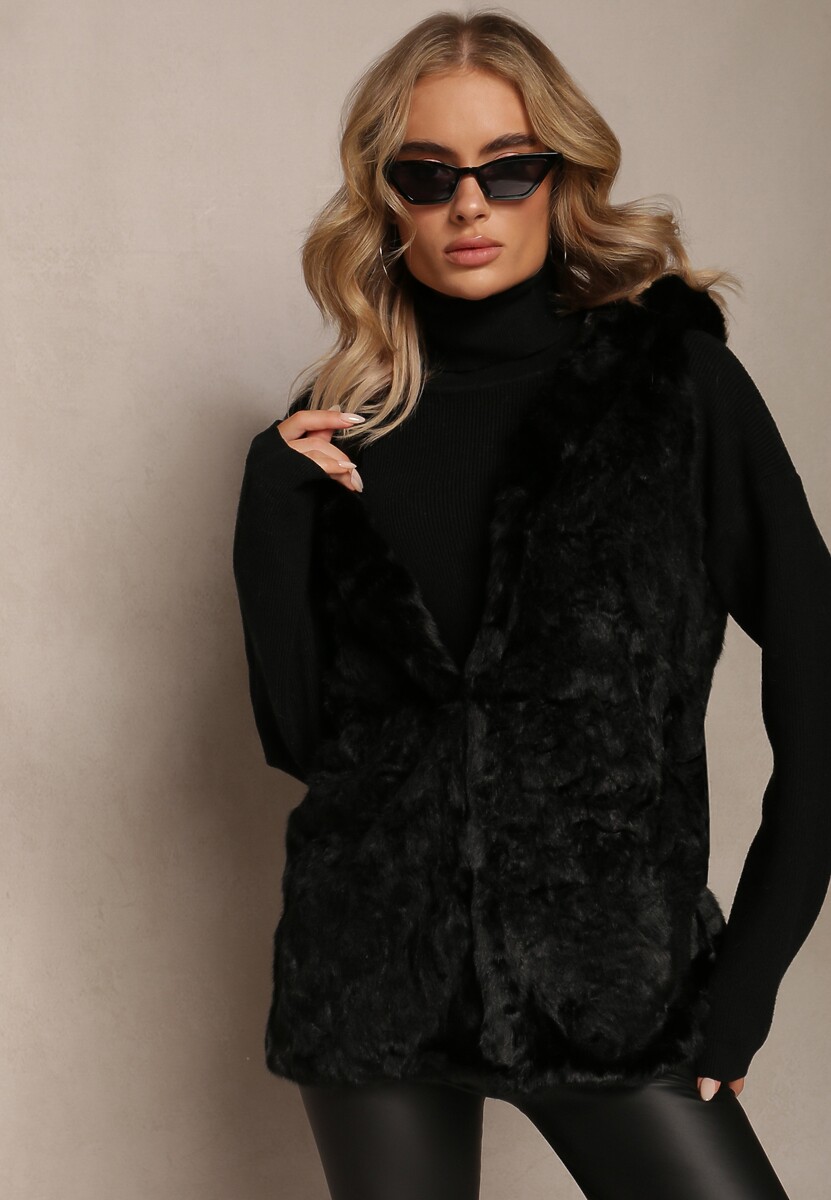 Czarna Kamizelka Futrzana z Kapturem Linie