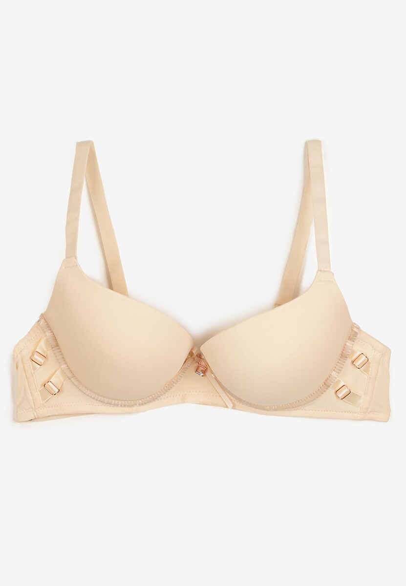 Beżowy Biustonosz Miseczka B Push-Up na Regulowanych Ramiączkach Ozdobiony Aplikacją Alerisia