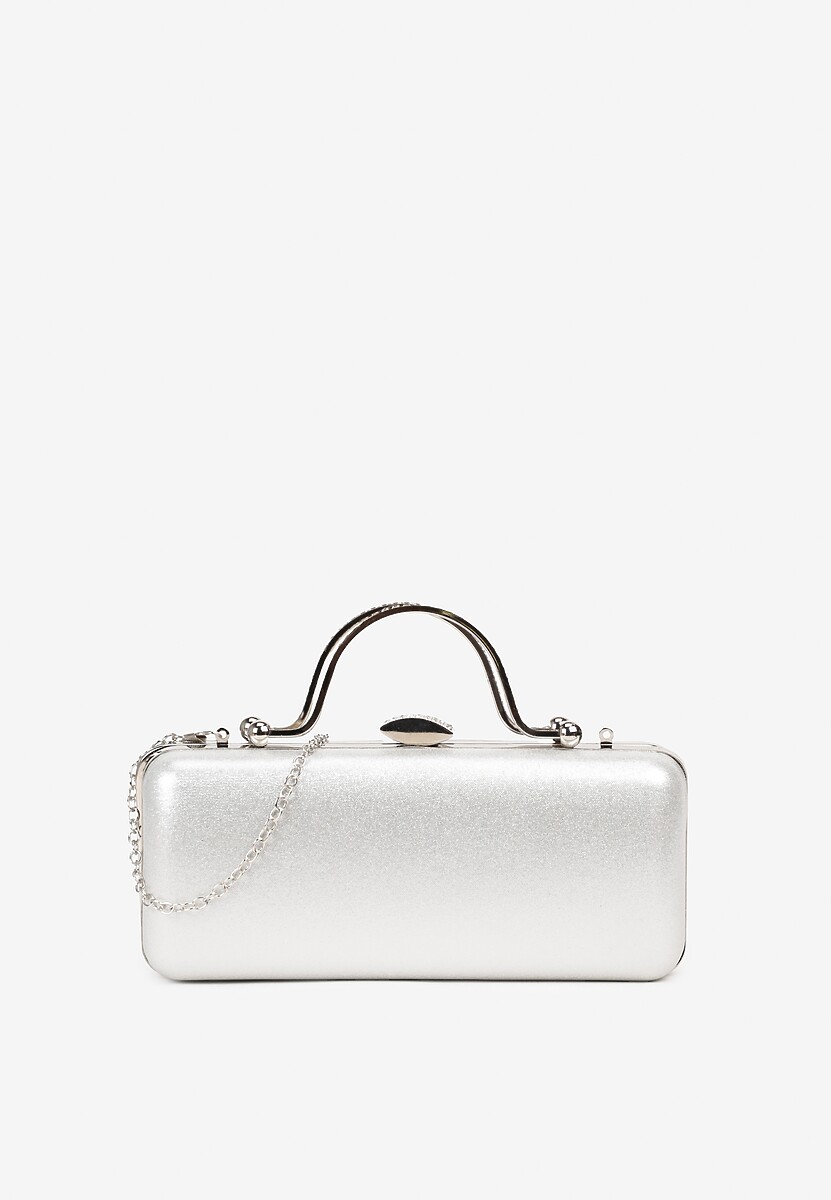 Srebrna Wieczorowa Torebka z Rączką Wykończona Cyrkoniami i Łańcuszkiem Fenagia