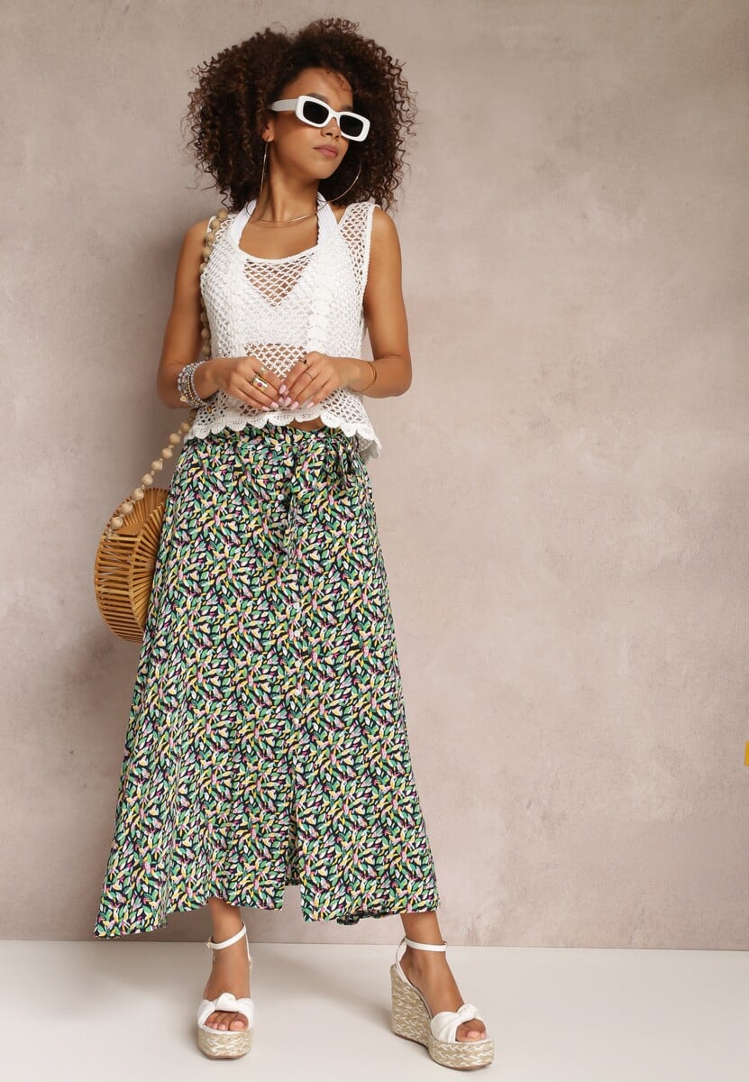 Zielona Kwiecista Spódnica Maxi z Wiskozy z Gumką w Pasie Nylan