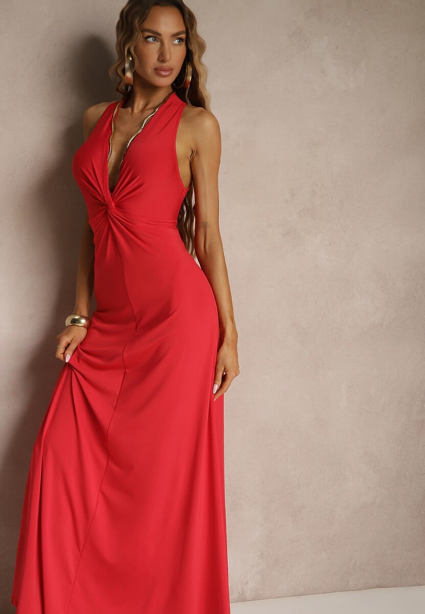 Czerwona Marszczona Sukienka z Wiskozą o Rozkloszowanym Fasonie Bez Rękawów Folonea