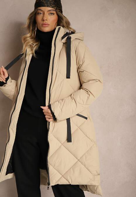 Ciemnobeżowa Pikowana Kurtka z Przeszyciem w Kratę Kapturem i Kieszeniami Zenetta