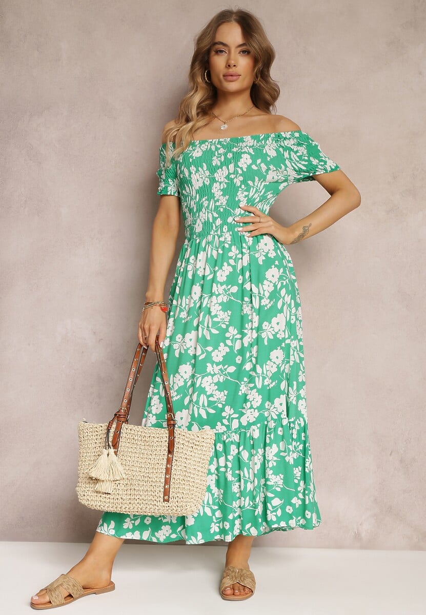 Zielona Rozkloszowana Sukienka Maxi z Hiszpańskim Dekoltem w Kwiaty Zevana