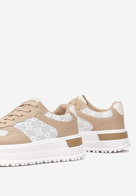 Ciemnobeżowe Sznurowane Sneakersy z Brokatem  na Grubej Podeszwie z Wycięciami Amena