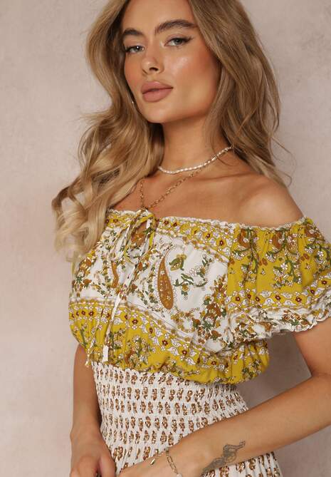 Żółta Sukienka Hiszpanka Maxi z Gumką w Pasie z Bawełny Eilena