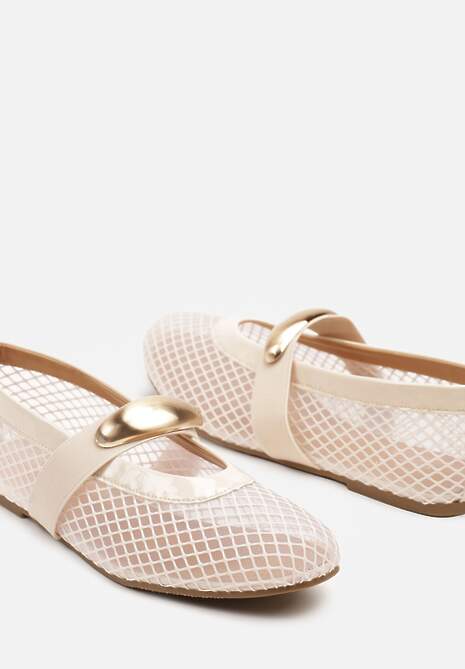 Beżowe Balerinki z Siateczkową Cholewką i Metaliczną Aplikacją Tathelisa